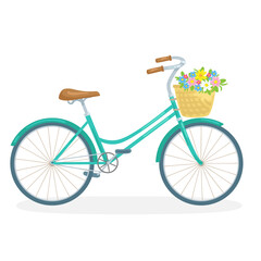 City bike with a basket of flowers. In cartoon style. Isolated on white background. Vector flat illustration.