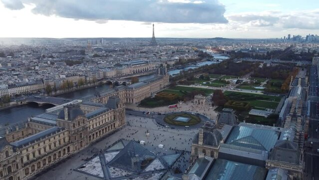 A static drone shot of the Tuileries Garden from the side of the Louvre Museum.
