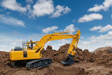 Fototapeta na wymiar Excavator are digging soil in the construction site on sky background