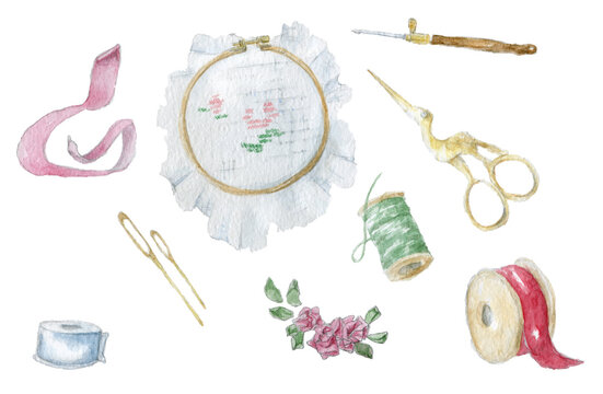 Watercolor set of tools for embroidery with ribbons. Delicate clipart with hobby items, Embroidery, ribbon, scissors, canvas, needle, thread on a white background.