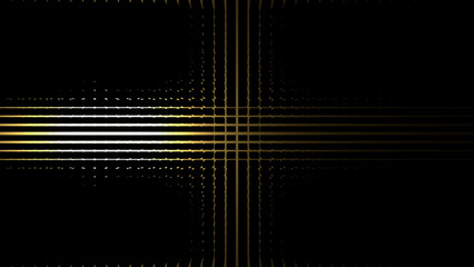 Black abstraction with gold, smooth stripes in the shape of a cross. Dark textured background with cracks and sun glare. 3D image. 3D rendering. 3D illustration.
