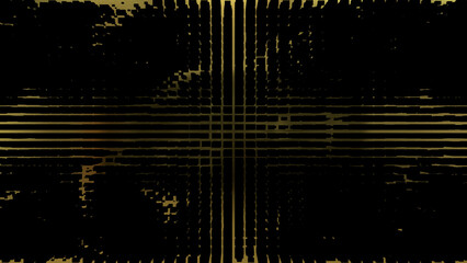 Black abstraction with gold, uneven stripes in the shape of a cross. Dark textured background with cracks. 3D image. 3D rendering. 3D illustration.