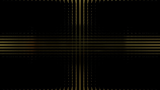 Black abstraction with gold smooth stripes in the shape of a cross. Dark textured background with cracks. 3D image. 3D rendering. 3D illustration.