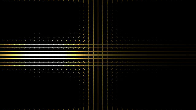 Black abstraction with gold, smooth stripes in the shape of a cross. Dark textured background with cracks and sun glare. 3D image. 3D rendering. 3D illustration.
