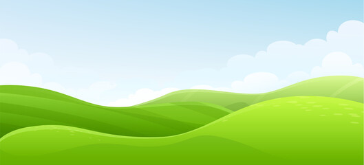 Vector cartoon landscape, seasons hills, grass field, farm background. Cute and bright countryside, green grassland, outdoor design.