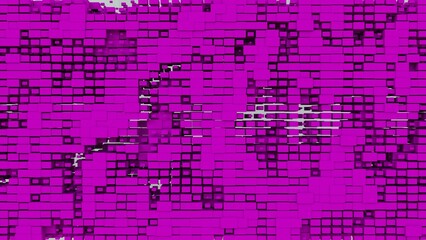 Purple abstraction with lots of cubic elements of different sizes. Pink textured background with rectangles. 3D image. 3D rendering. 3D illustration.
