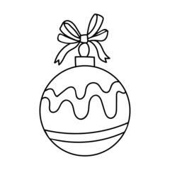 Winter coloring page toy ball. Christmas tree decoration with patterns and ribbon bow. Hand drawn vector thin line art illustration. Coloring book for children and adults. Black and white sketch.