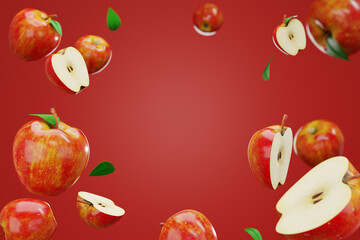 Apples on a Podium on Red Background. 3d illustration