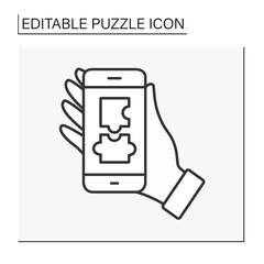  Smartphone line icon. Intellectual game on mobile phone. Puzzle concept. Isolated vector illustration. Editable stroke