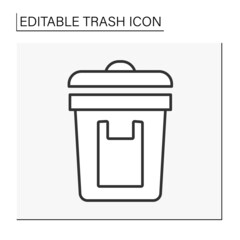 Utilization line icon. Waste sorting. Put plastic packing into the bin. Ecology.Trash concept. Isolated vector illustration. Editable stroke