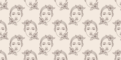 Woman portrait, seamless repeat pattern, vector