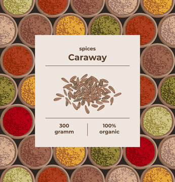 Caraway seasoning concept for packaging condiments. Seamless background and label. 