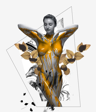 Contemporary art collage. Tender young woman covered with golden paint isolated over white background with floral design