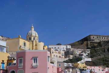 Fototapeta premium Daylight view of beautiful Procida in sunny summer day, Procida Island, Italy, High quality photo