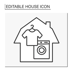  Home line icon. Laundry service inside the house. Washing machine and ironing the clothing.Living room. House concept. Isolated vector illustration. Editable stroke