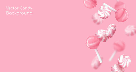 Obraz premium Banner with realistic falling pink glossy candies, lollipop, candies on a stick. Look like 3d rendering. Vector illustration for card, party, design, flyer, poster, banner, web, advertising.