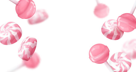 Banner with realistic falling pink glossy lollipop, candies on a stick isolated on white background. Look like 3d. Vector illustration for card, party, design, flyer, poster, banner, web, advertising.
