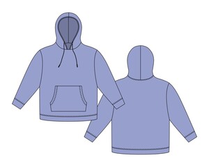 Hoodie template in cool blue color. Apparel hoody technical sketch mockup.