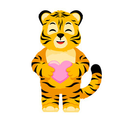 Cute little Tiger character hold heart isolated. Happy club cartoon striped tiger fall in love.