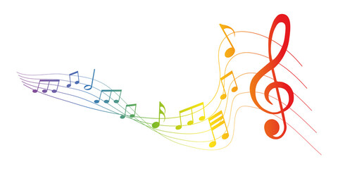 rainbow colored vector sheet music - musical notes melody on white background