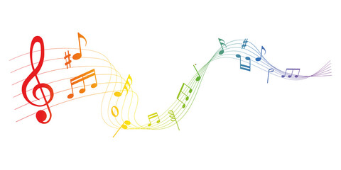 rainbow colored vector sheet music - musical notes melody on white background