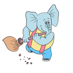 cute baby elephant with a broom, sweeping up the trash, a childish cartoon isolated on a white background