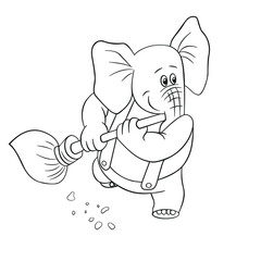 cute baby elephant with a broom, sweeping up the trash, a childish cartoon, contour, outline