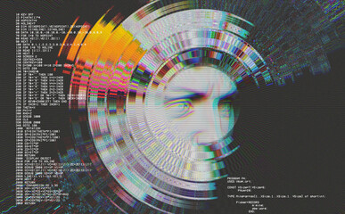 3d portrait of a David with glitch effect. Cyberpunk style. Conceptual image of artificial intelligence.Virtual reality. Deep Learning and Face recognition systems.  - obrazy, fototapety, plakaty