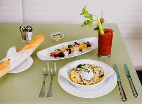 French Brunch of Tartiflette, beetroot salad and Bloody Mary.