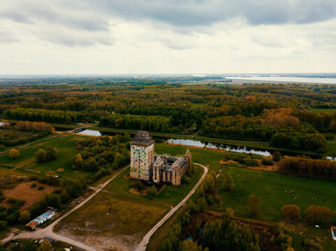 Aerial drone view of the landscape near the modern ruin of the Castle Almere in Almere, the Netherlands.