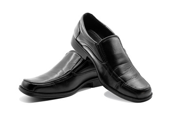 Black leather shoes for men on white background.