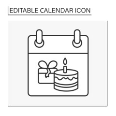  Reminder line icon. Birthday celebration. Party with presents and cake. Calendar concept. Isolated vector illustration. Editable stroke