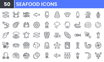 Seafood vector line icon set. Contains linear outline icons like Fish, Shrimp, Squid, Crab, Oyster, Shellfish, Lobster, Turtle, Octopus, Salmon, Caviar, Cuttlefish. Editable use and stroke.