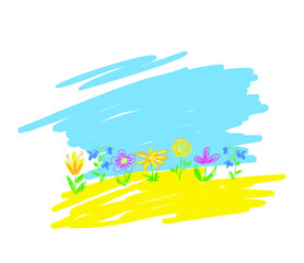 Ukrainian flag, meadow with flowers. Blue and yellow flowers. Vector