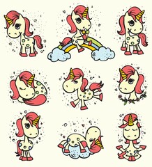 Set of 9 cute doodle magic unicorns for kid's greeting card design, t-shirt print, poster.