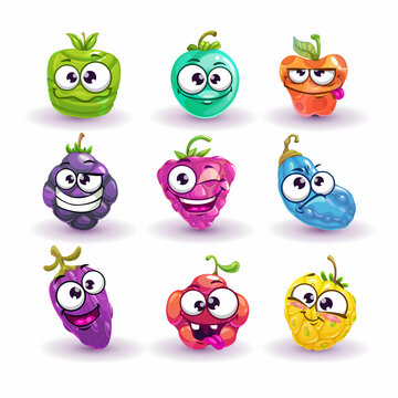 Comic cartoon plants, funny fruits with faces