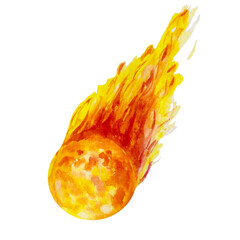 Comet, meteorite, celestial body watercolor illustration isolated on white background. A meteorite with a fiery tail in flight. Children's illustration, space, galaxy, outer space. - obrazy, fototapety, plakaty