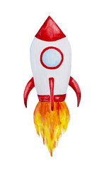 Rocket space ship watercolor illustration isolated on white background. A white rocket with red elements, a rocket launch, a rocket with a "tail". 