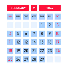 February 2024 calendar template design. Desktop calendar in simple style. Corporate or business calendar. English vector calendar.
Sunday is at the beginning of the week.
