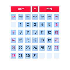july 2024 calendar template design. Desktop calendar in simple style. Corporate or business calendar. English vector calendar.
Sunday is at the beginning of the week.