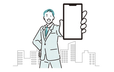 スマホの画面を見せるビジネスパーソン男性