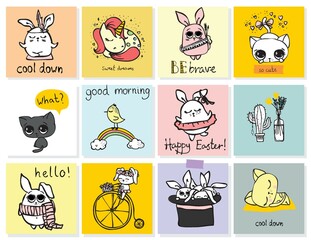 Obraz premium Simple design of cute boho animals, birds, flowers and other design elements perfect for kid's card, banners, stickers and other kid's things.