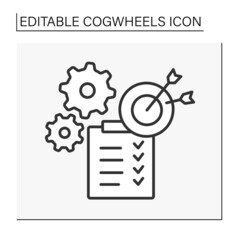  Target line icon.Checklist on clipboard. Goals achieved. Cogwheels concept. Isolated vector illustration. Editable stroke
