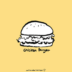 Chicken burger with fried chicken in sketch brush style. Bun with sesame seeds and vegetables. Isolated on yellow background. Hand drawn vector illustration fast food. Icon burger doodle