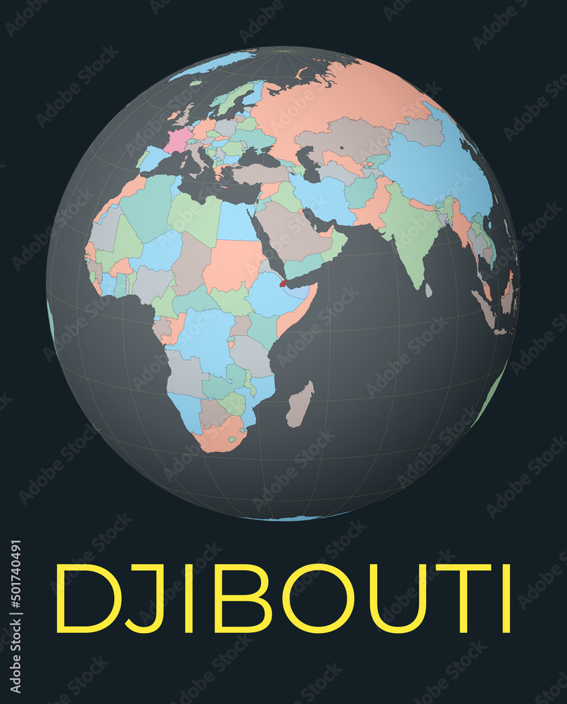 Poster world map centered to djibouti. red country highlighted. satellite world view centered to country wi