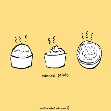 Mashed potato in sketch brush style. Isolated on yellow background. Hand drawn vector illustration fast food.