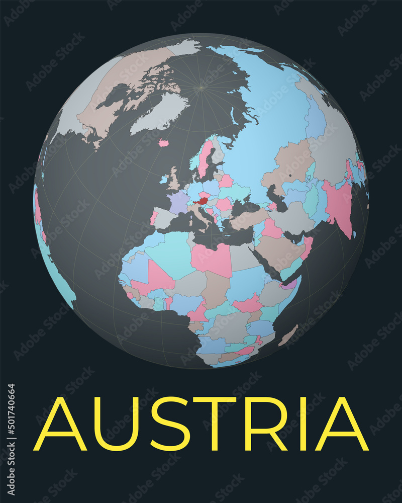 Poster world map centered to austria. red country highlighted. satellite world view centered to country wit