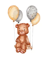 Fotobehang Cute teddy bear flying with balloons  watercolor hand drawn illustration  with white isolated background © Нина Новикова
