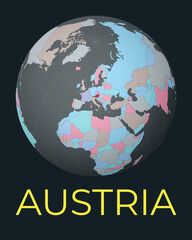 World map centered to Austria. Red country highlighted. Satellite world view centered to country with name. Vector Illustration.