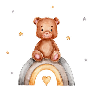 Teddy bear sits on fantasy rainbow; watercolor hand drawn illustration; with white isolated background
